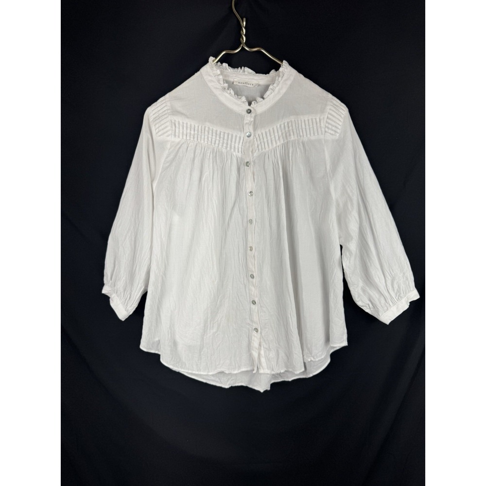 Neuflora Womens Small S White Cotton Pintuck Ruffle Yoke Button Up Blouse Top